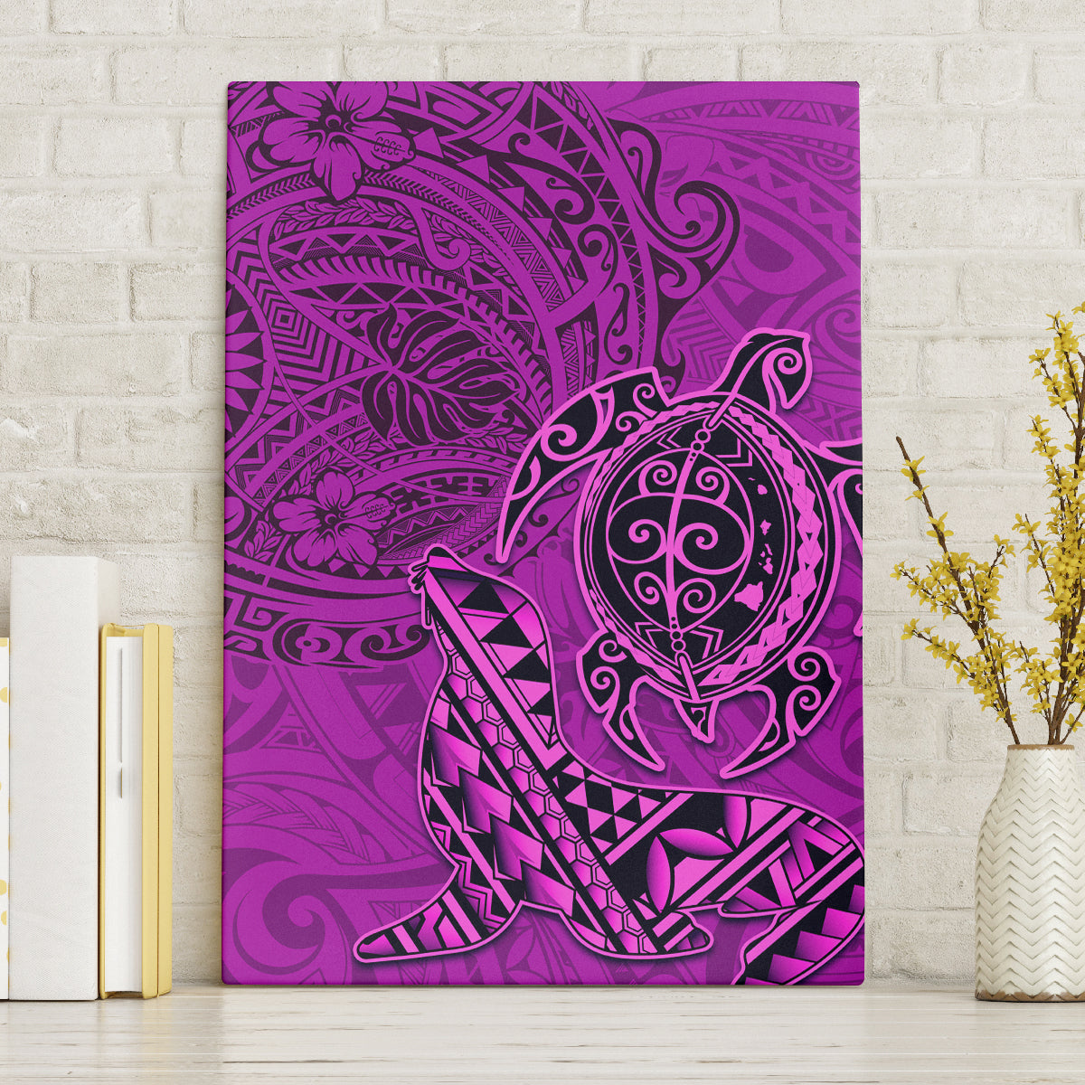 Hawaii Monk Seal and Dolphin Canvas Wall Art Polynesian Kakau Pattern Pink LT03 Without Frame Pink - Polynesian Pride