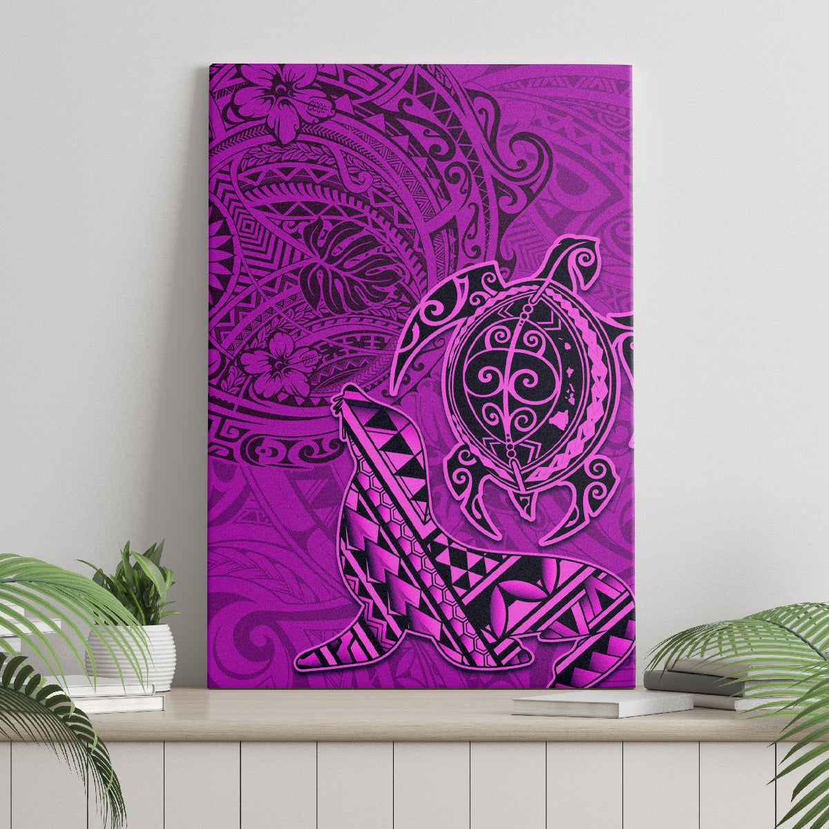 Hawaii Monk Seal and Dolphin Canvas Wall Art Polynesian Kakau Pattern Pink LT03 - Polynesian Pride