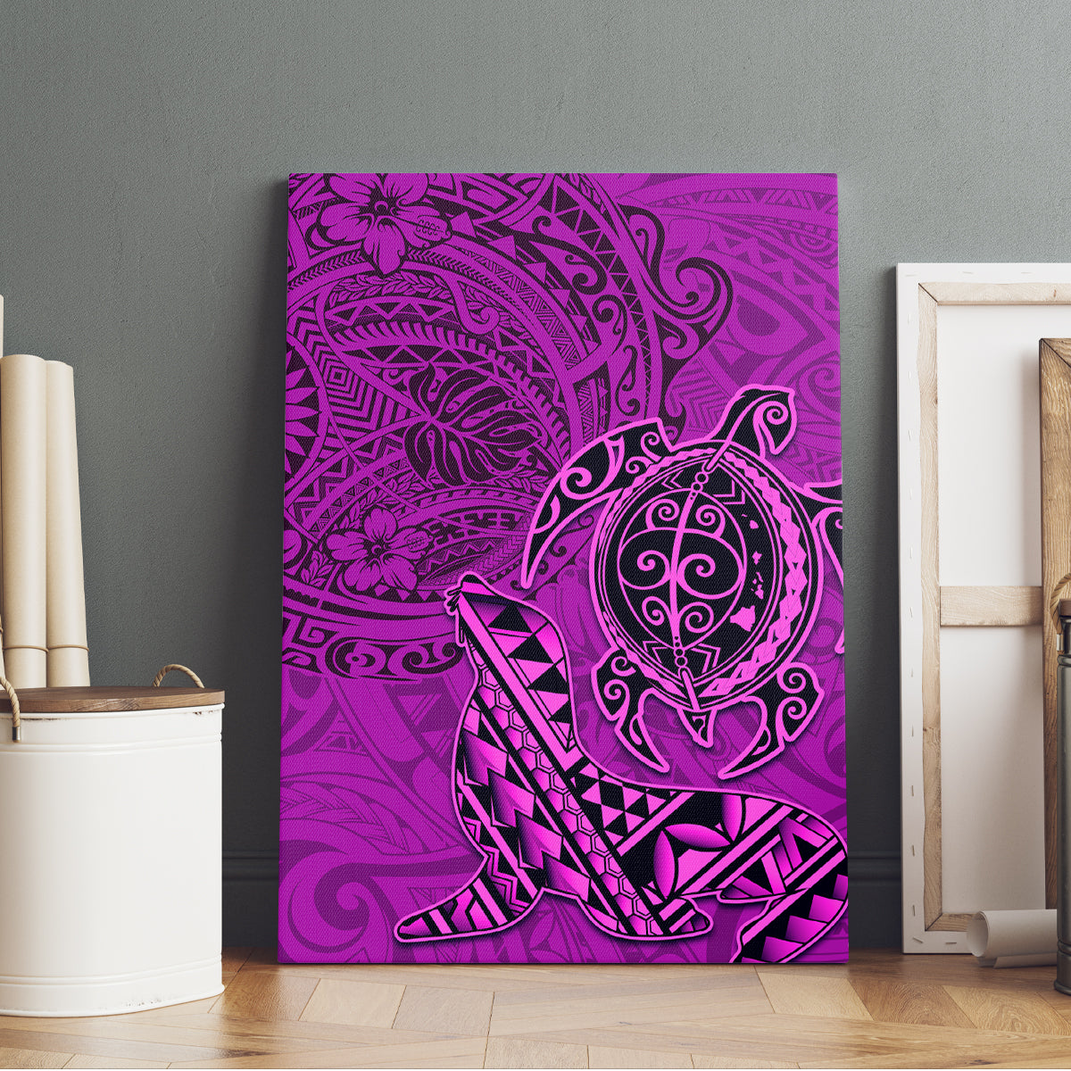 Hawaii Monk Seal and Dolphin Canvas Wall Art Polynesian Kakau Pattern Pink LT03 - Polynesian Pride