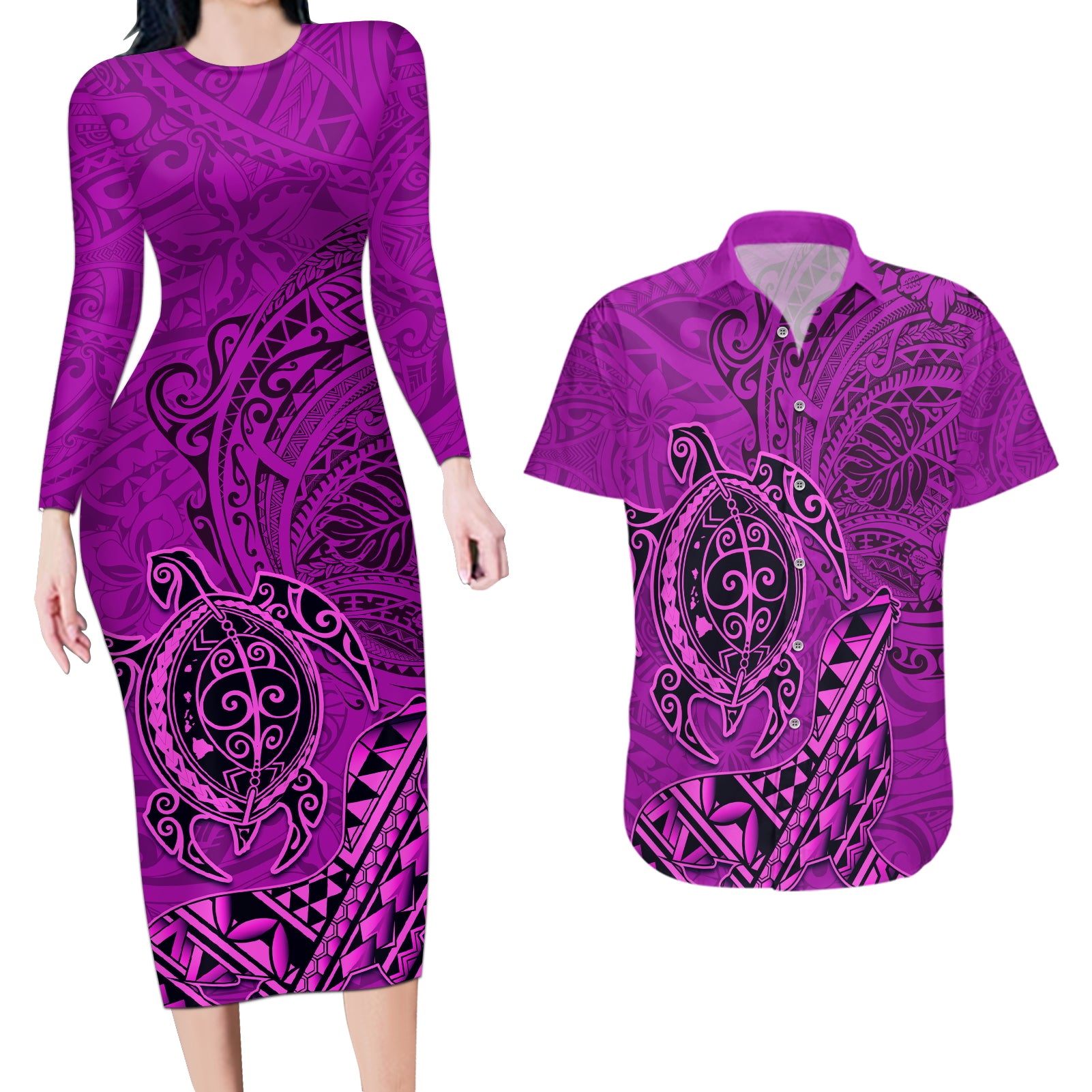 Hawaii Monk Seal and Dolphin Couples Matching Long Sleeve Bodycon Dress and Hawaiian Shirt Polynesian Kakau Pattern Pink