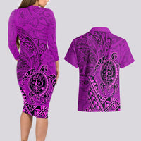 Hawaii Monk Seal and Dolphin Couples Matching Long Sleeve Bodycon Dress and Hawaiian Shirt Polynesian Kakau Pattern Pink LT03 - Polynesian Pride