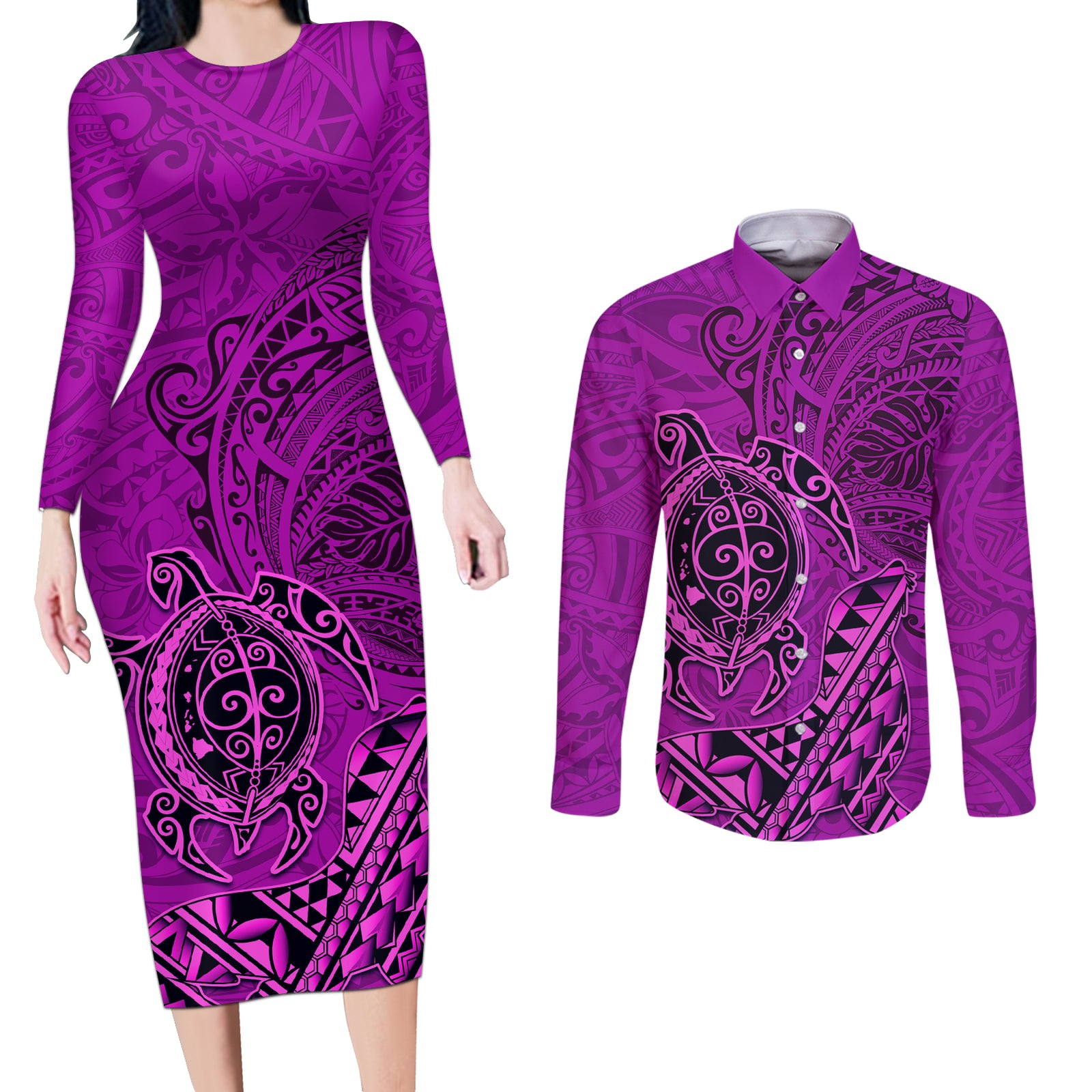Hawaii Monk Seal and Dolphin Couples Matching Long Sleeve Bodycon Dress and Long Sleeve Button Shirt Polynesian Kakau Pattern Pink LT03 Pink - Polynesian Pride