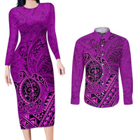 Hawaii Monk Seal and Dolphin Couples Matching Long Sleeve Bodycon Dress and Long Sleeve Button Shirt Polynesian Kakau Pattern Pink LT03 Pink - Polynesian Pride