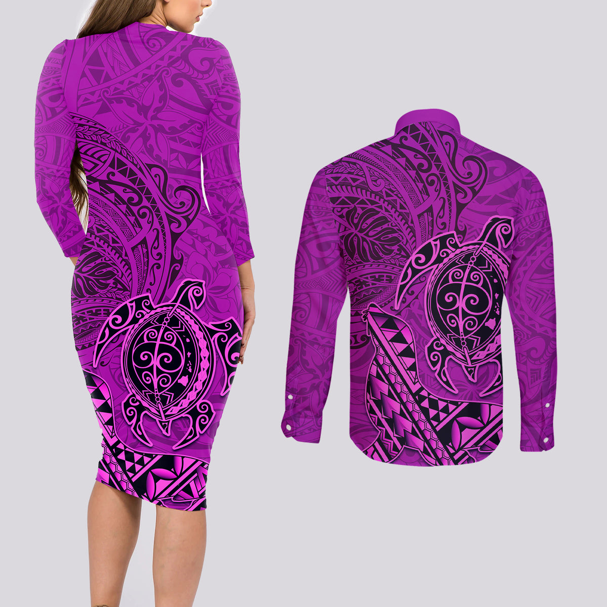 Hawaii Monk Seal and Dolphin Couples Matching Long Sleeve Bodycon Dress and Long Sleeve Button Shirt Polynesian Kakau Pattern Pink LT03 - Polynesian Pride