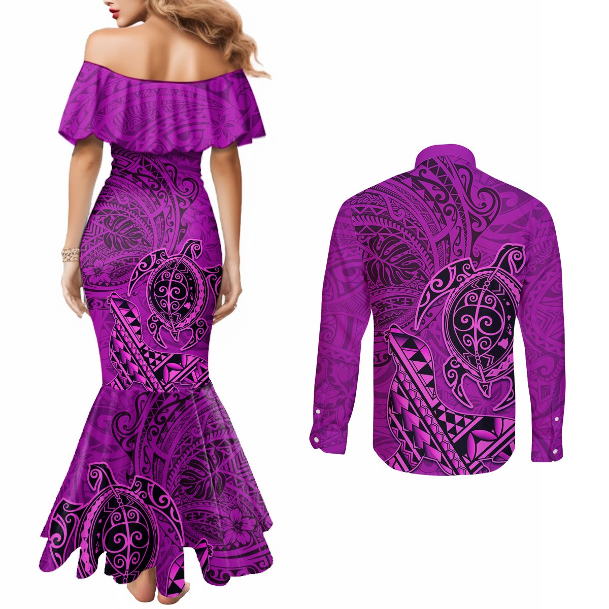 Hawaii Monk Seal and Dolphin Couples Matching Mermaid Dress and Long Sleeve Button Shirt Polynesian Kakau Pattern Pink