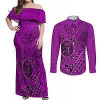 Hawaii Monk Seal and Dolphin Couples Matching Off Shoulder Maxi Dress and Long Sleeve Button Shirt Polynesian Kakau Pattern Pink LT03 Pink - Polynesian Pride
