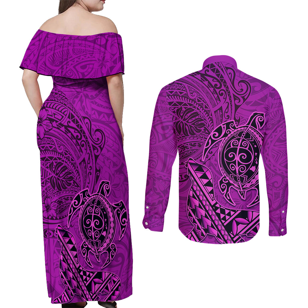 Hawaii Monk Seal and Dolphin Couples Matching Off Shoulder Maxi Dress and Long Sleeve Button Shirt Polynesian Kakau Pattern Pink LT03 - Polynesian Pride