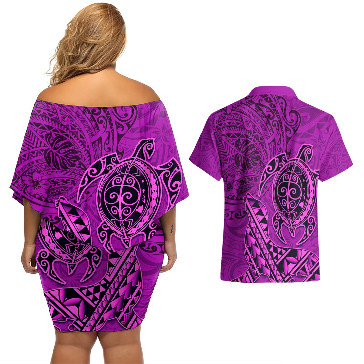 Hawaii Monk Seal and Dolphin Couples Matching Off Shoulder Short Dress and Hawaiian Shirt Polynesian Kakau Pattern Pink LT03 - Polynesian Pride