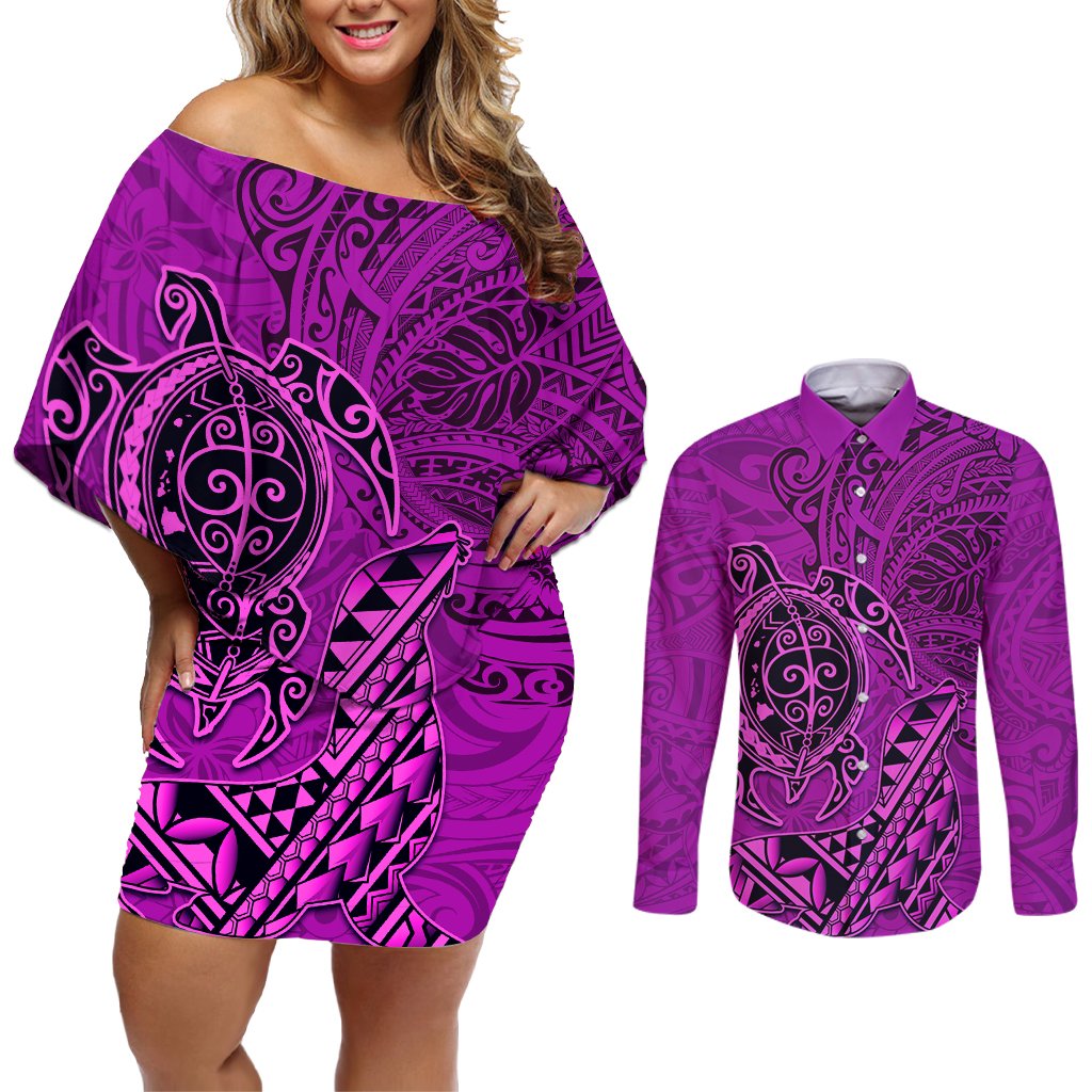 Hawaii Monk Seal and Dolphin Couples Matching Off Shoulder Short Dress and Long Sleeve Button Shirt Polynesian Kakau Pattern Pink LT03 Pink - Polynesian Pride
