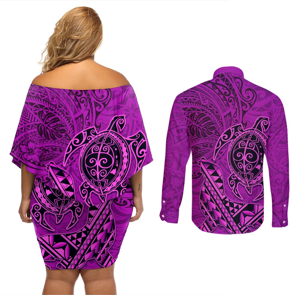 Hawaii Monk Seal and Dolphin Couples Matching Off Shoulder Short Dress and Long Sleeve Button Shirt Polynesian Kakau Pattern Pink LT03 - Polynesian Pride