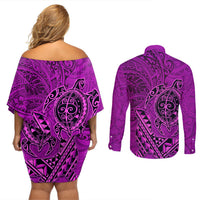 Hawaii Monk Seal and Dolphin Couples Matching Off Shoulder Short Dress and Long Sleeve Button Shirt Polynesian Kakau Pattern Pink LT03 - Polynesian Pride