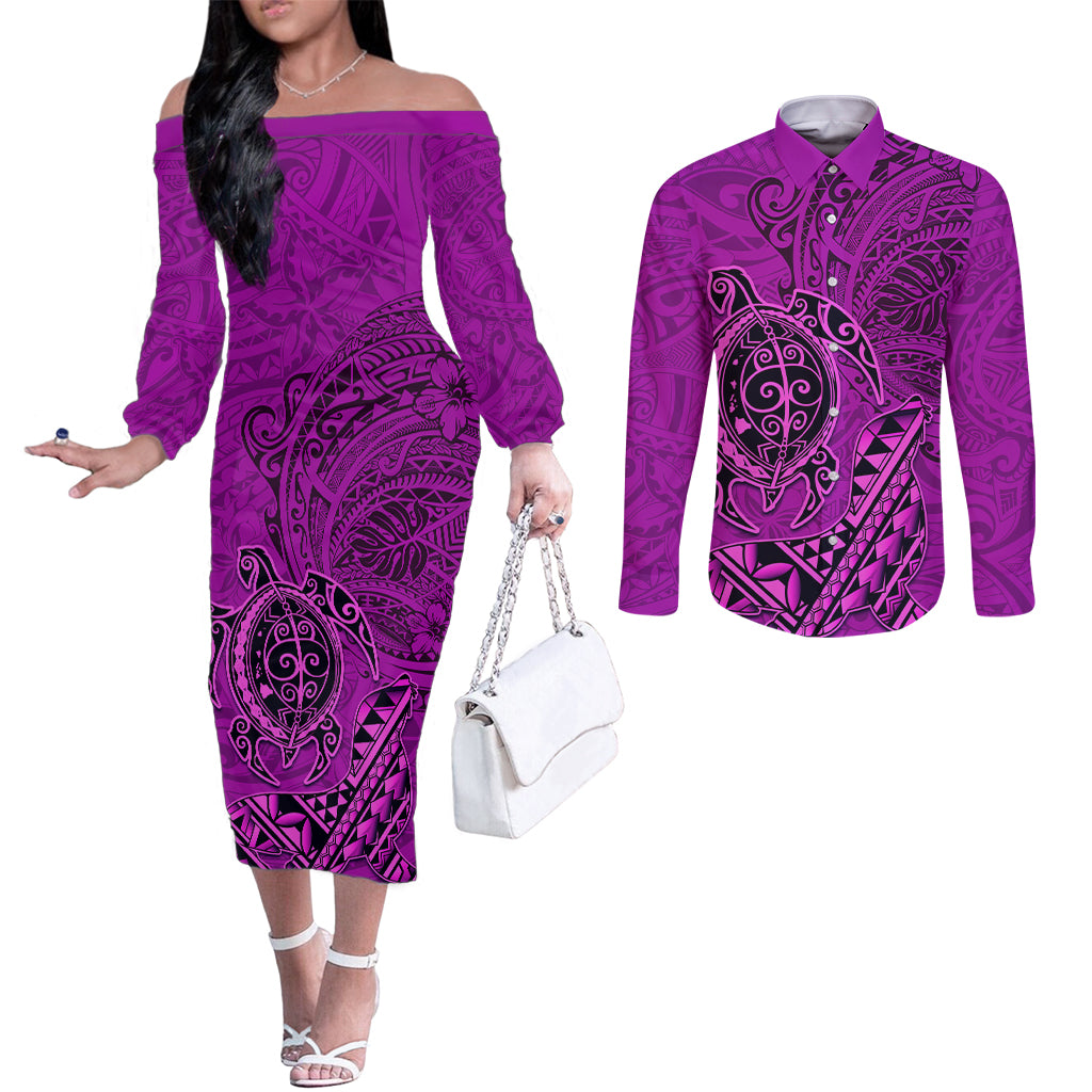 Hawaii Monk Seal and Dolphin Couples Matching Off The Shoulder Long Sleeve Dress and Long Sleeve Button Shirt Polynesian Kakau Pattern Pink