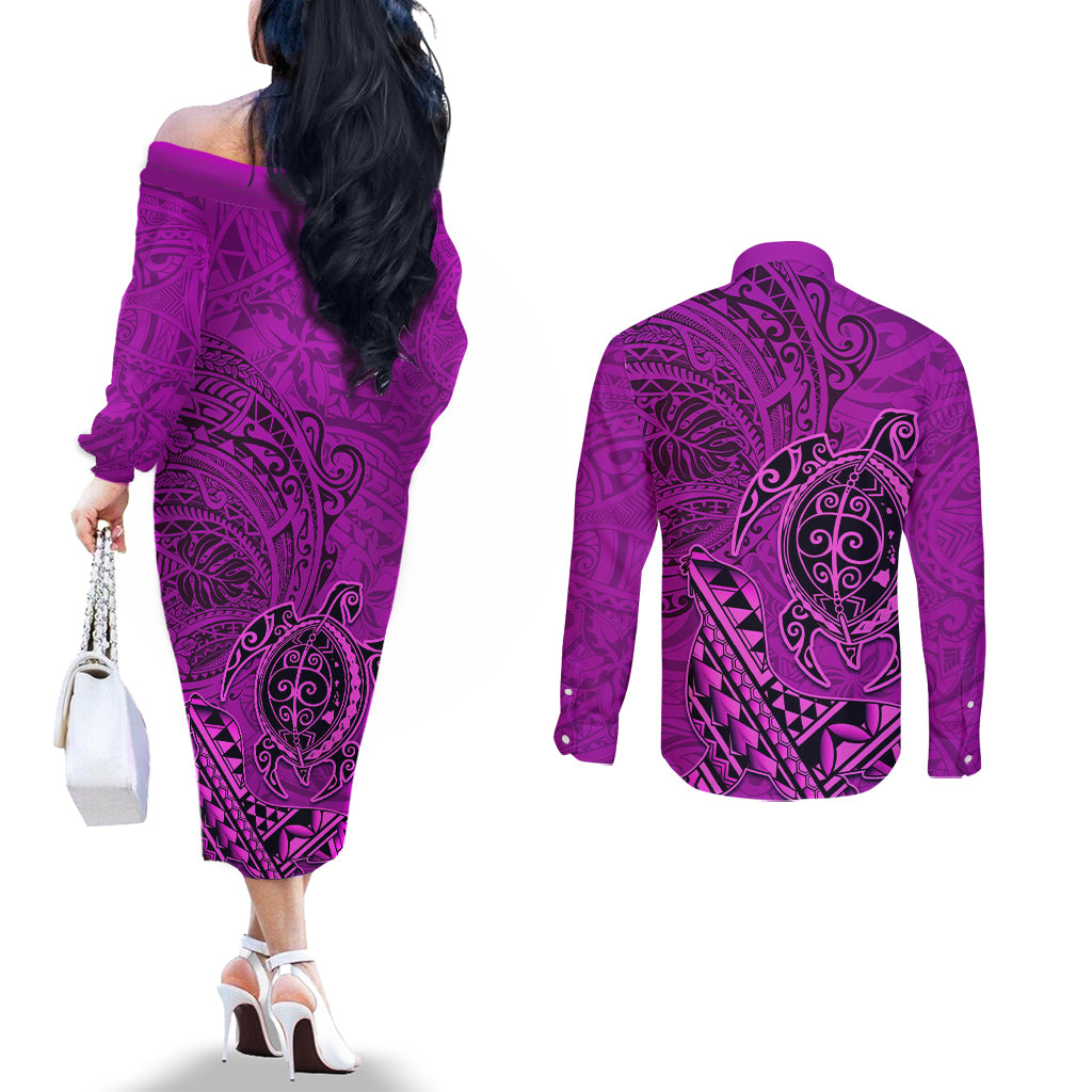 Hawaii Monk Seal and Dolphin Couples Matching Off The Shoulder Long Sleeve Dress and Long Sleeve Button Shirt Polynesian Kakau Pattern Pink