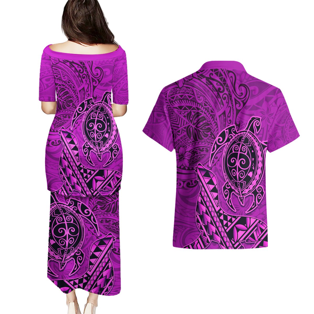 Hawaii Monk Seal and Dolphin Couples Matching Puletasi and Hawaiian Shirt Polynesian Kakau Pattern Pink LT03 - Polynesian Pride