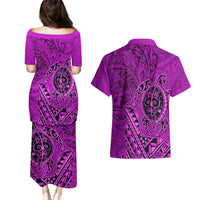 Hawaii Monk Seal and Dolphin Couples Matching Puletasi and Hawaiian Shirt Polynesian Kakau Pattern Pink LT03 - Polynesian Pride