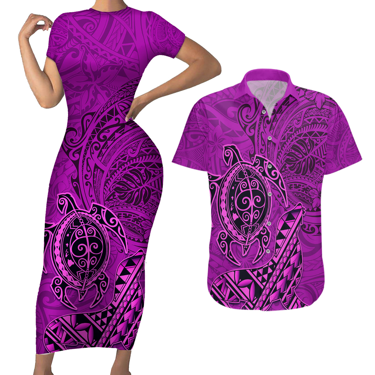 Hawaii Monk Seal and Dolphin Couples Matching Short Sleeve Bodycon Dress and Hawaiian Shirt Polynesian Kakau Pattern Pink LT03 Pink - Polynesian Pride