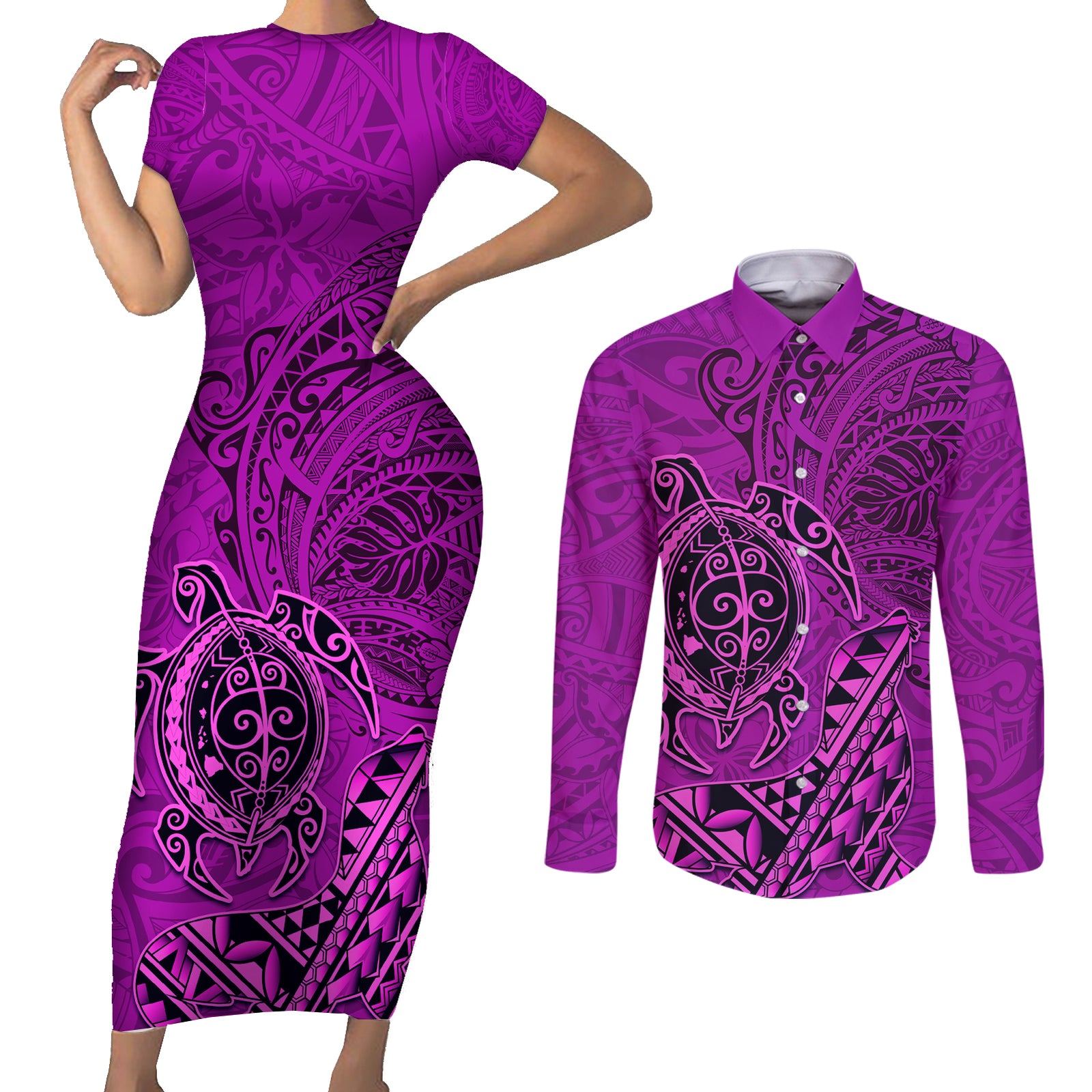 Hawaii Monk Seal and Dolphin Couples Matching Short Sleeve Bodycon Dress and Long Sleeve Button Shirt Polynesian Kakau Pattern Pink LT03 Pink - Polynesian Pride