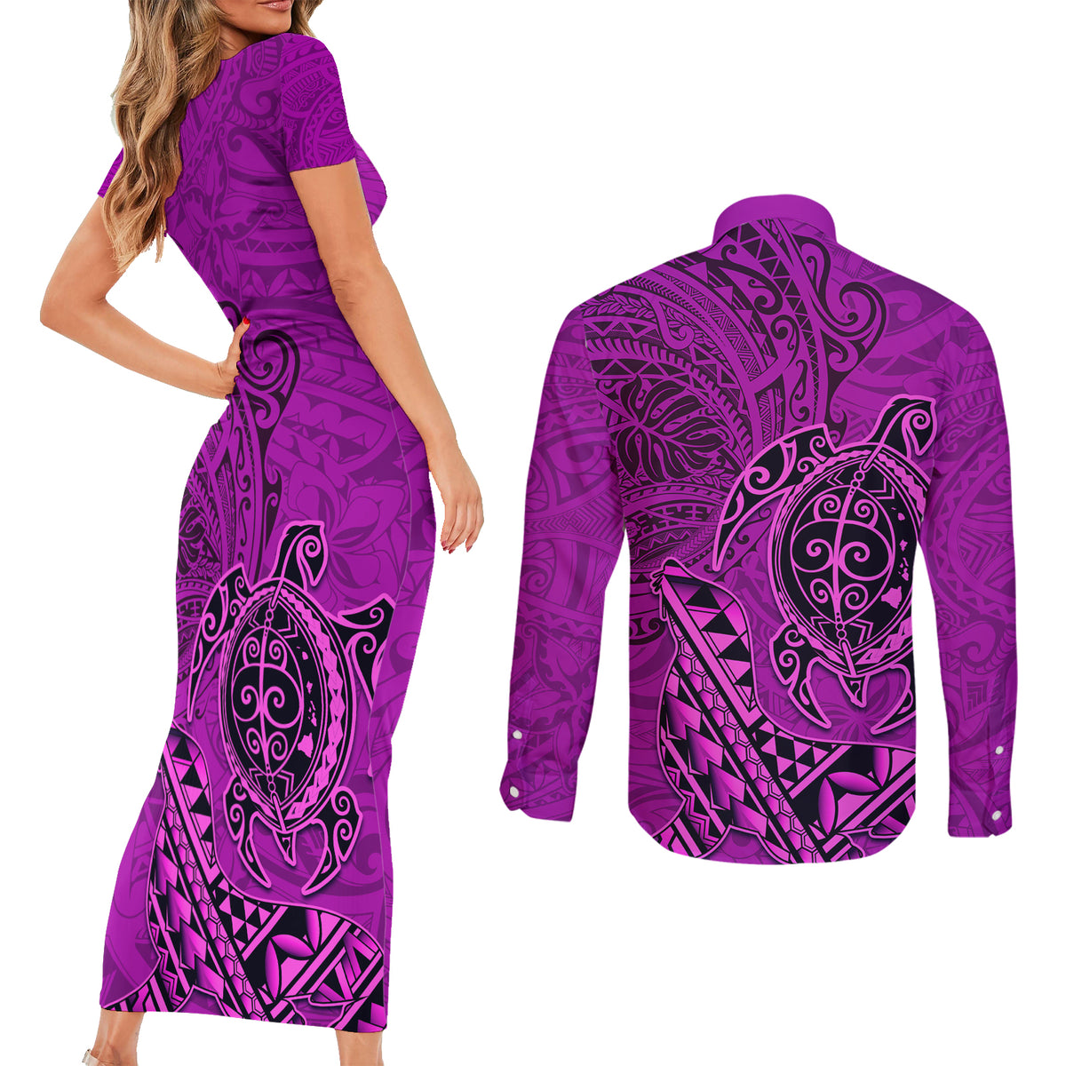 Hawaii Monk Seal and Dolphin Couples Matching Short Sleeve Bodycon Dress and Long Sleeve Button Shirt Polynesian Kakau Pattern Pink LT03 - Polynesian Pride