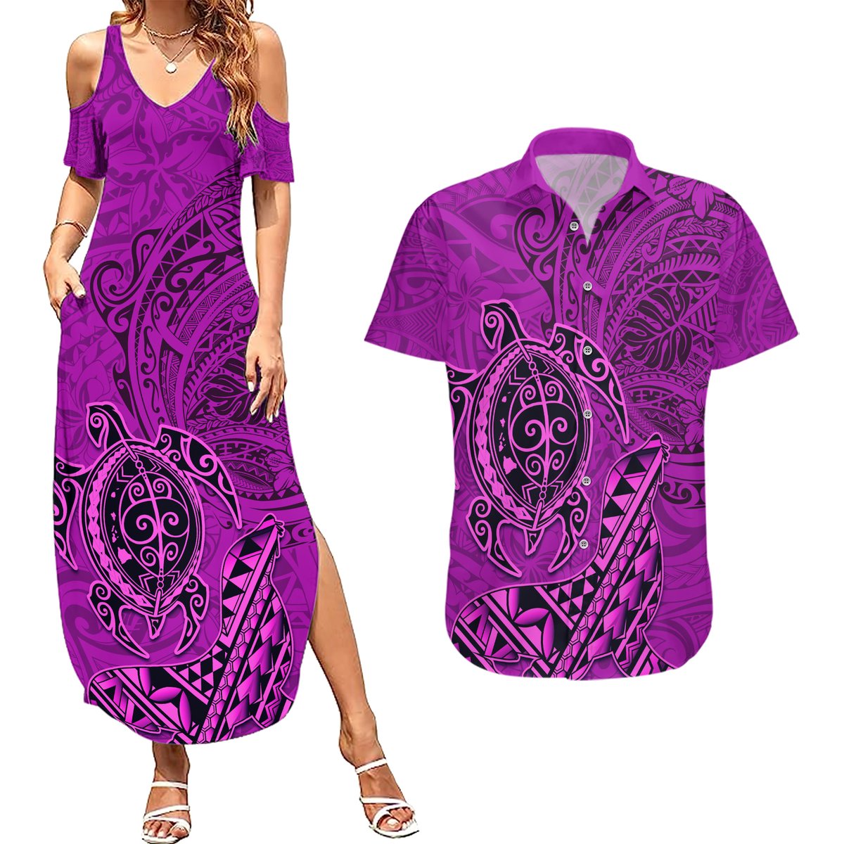 Hawaii Monk Seal and Dolphin Couples Matching Summer Maxi Dress and Hawaiian Shirt Polynesian Kakau Pattern Pink LT03 Pink - Polynesian Pride