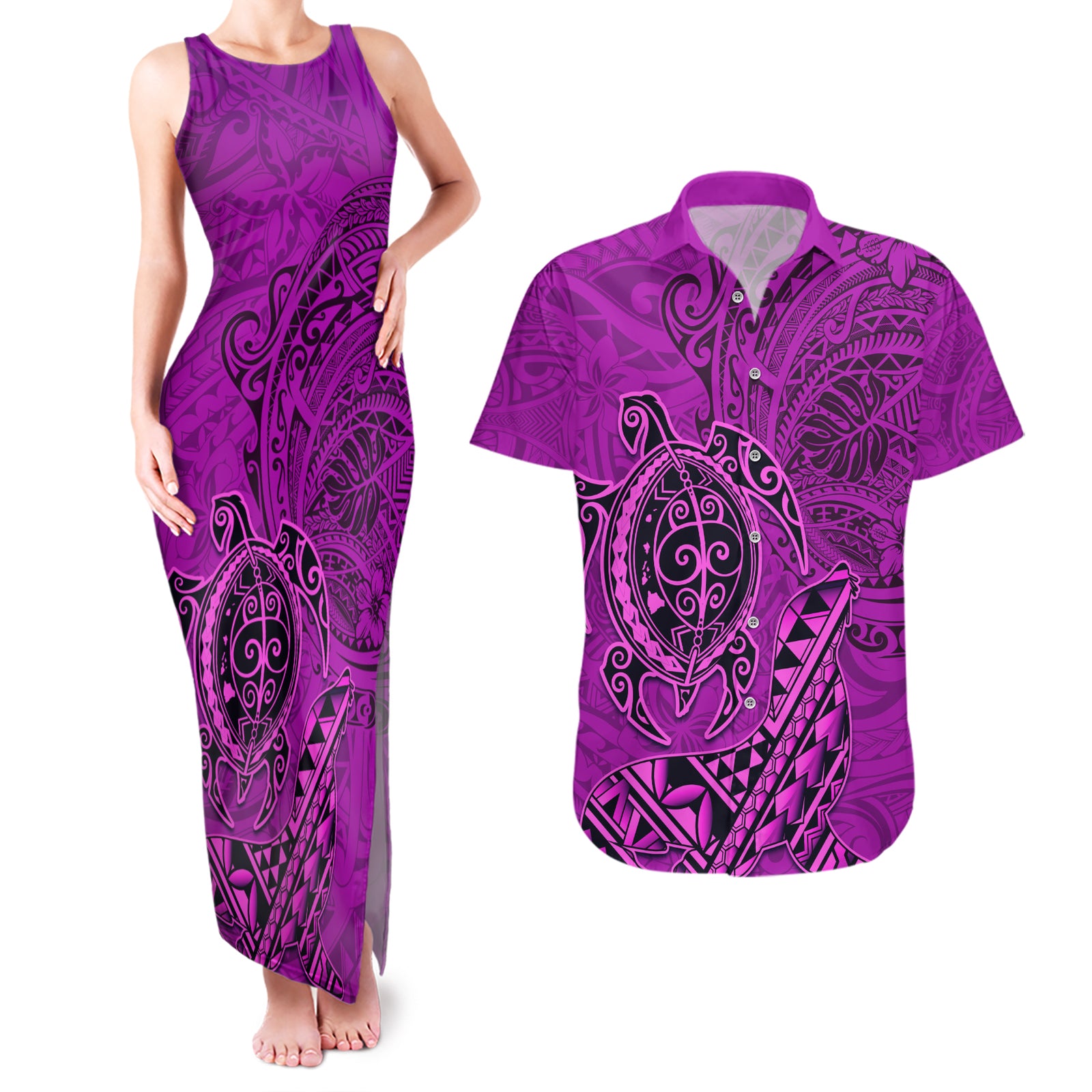 Hawaii Monk Seal and Dolphin Couples Matching Tank Maxi Dress and Hawaiian Shirt Polynesian Kakau Pattern Pink LT03 Pink - Polynesian Pride