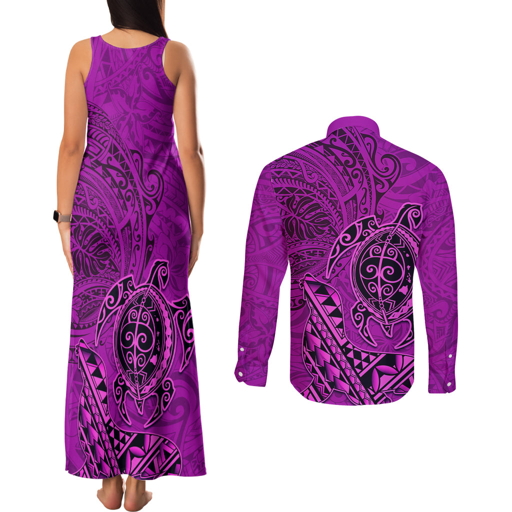 Hawaii Monk Seal and Dolphin Couples Matching Tank Maxi Dress and Long Sleeve Button Shirt Polynesian Kakau Pattern Pink LT03 - Polynesian Pride