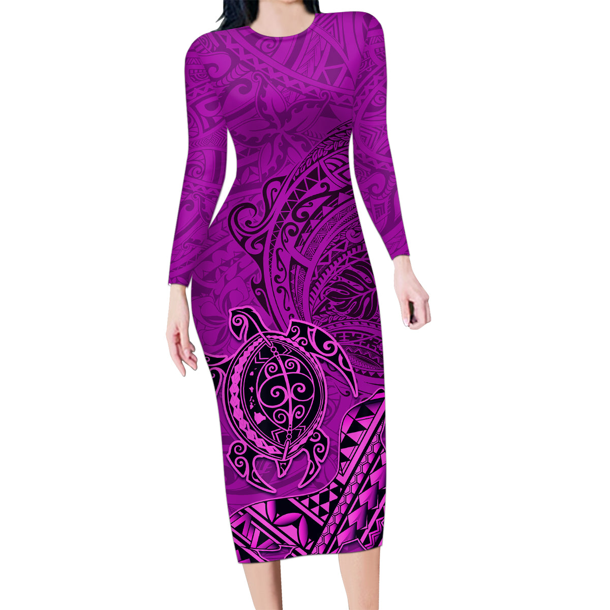 Hawaii Monk Seal and Dolphin Family Matching Long Sleeve Bodycon Dress and Hawaiian Shirt Polynesian Kakau Pattern Pink
