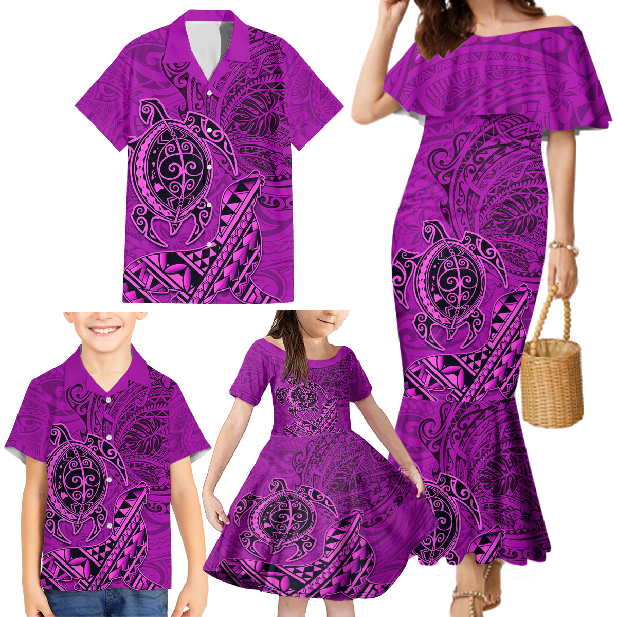 Hawaii Monk Seal and Dolphin Family Matching Mermaid Dress and Hawaiian Shirt Polynesian Kakau Pattern Pink LT03 - Polynesian Pride