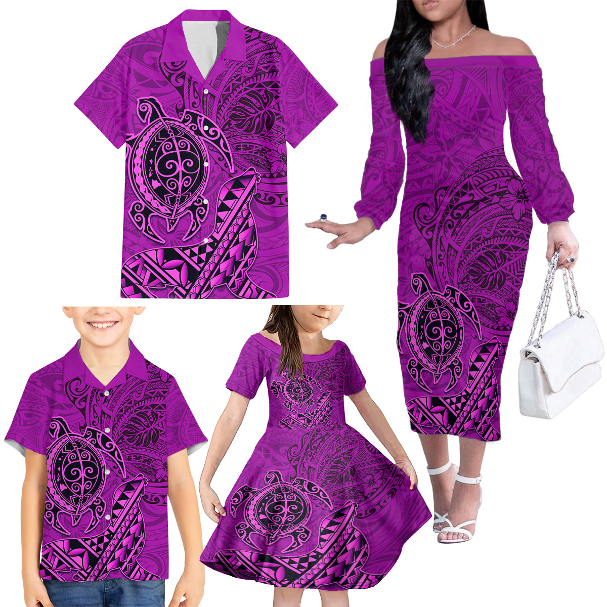 Hawaii Monk Seal and Dolphin Family Matching Off The Shoulder Long Sleeve Dress and Hawaiian Shirt Polynesian Kakau Pattern Pink LT03 - Polynesian Pride