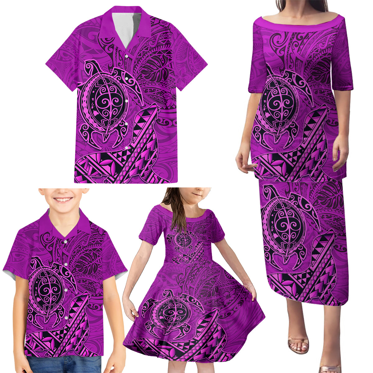 Hawaii Monk Seal and Dolphin Family Matching Puletasi and Hawaiian Shirt Polynesian Kakau Pattern Pink