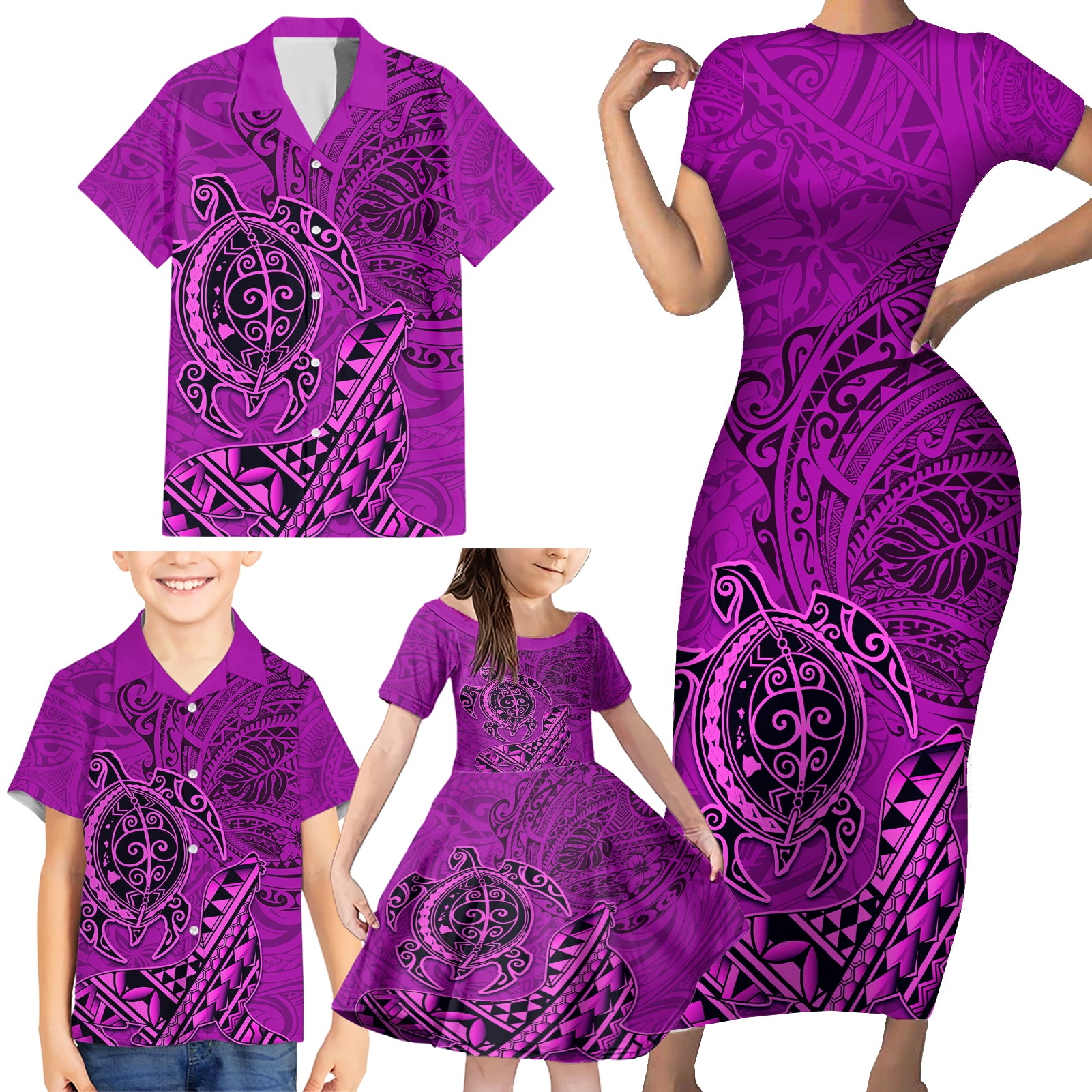 Hawaii Monk Seal and Dolphin Family Matching Short Sleeve Bodycon Dress and Hawaiian Shirt Polynesian Kakau Pattern Pink