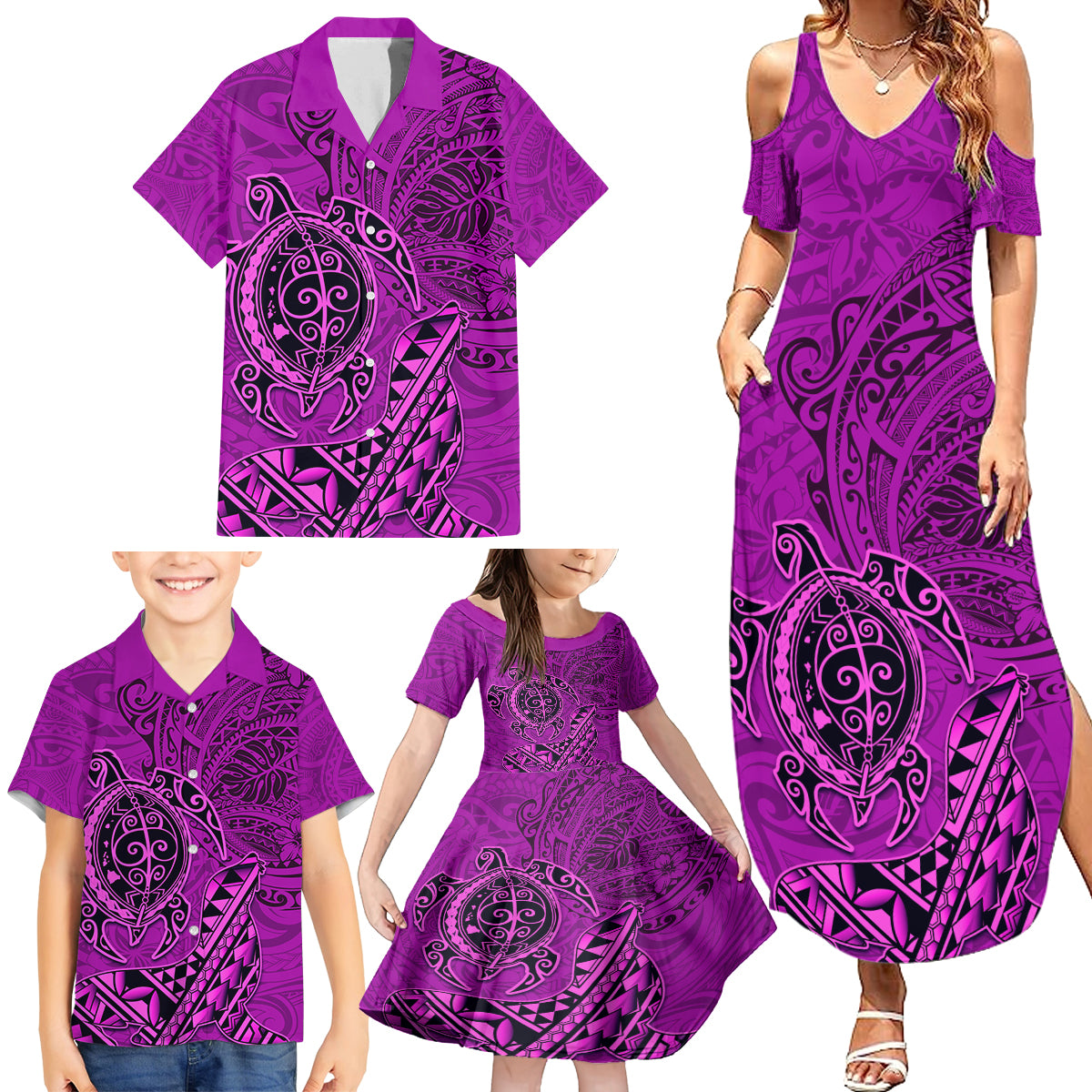 Hawaii Monk Seal and Dolphin Family Matching Summer Maxi Dress and Hawaiian Shirt Polynesian Kakau Pattern Pink