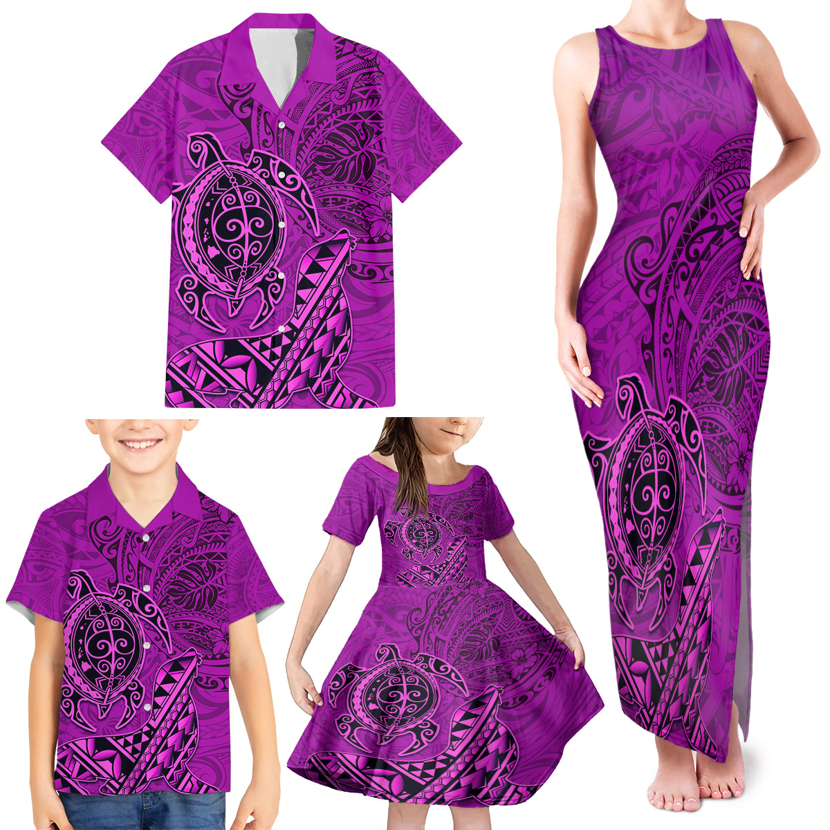 Hawaii Monk Seal and Dolphin Family Matching Tank Maxi Dress and Hawaiian Shirt Polynesian Kakau Pattern Pink LT03 - Polynesian Pride