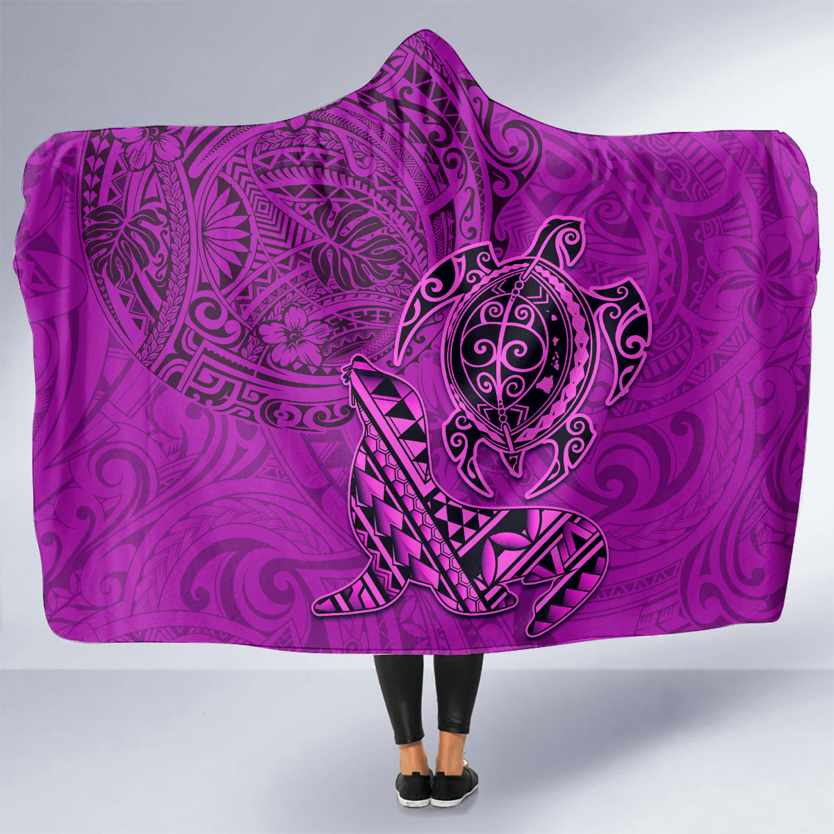 Hawaii Monk Seal and Dolphin Hooded Blanket Polynesian Kakau Pattern Pink LT03 - Polynesian Pride