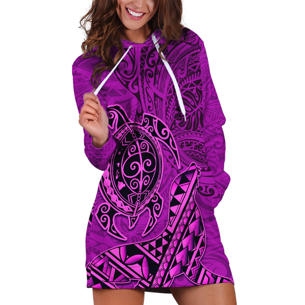 Hawaii Monk Seal and Dolphin Hoodie Dress Polynesian Kakau Pattern Pink