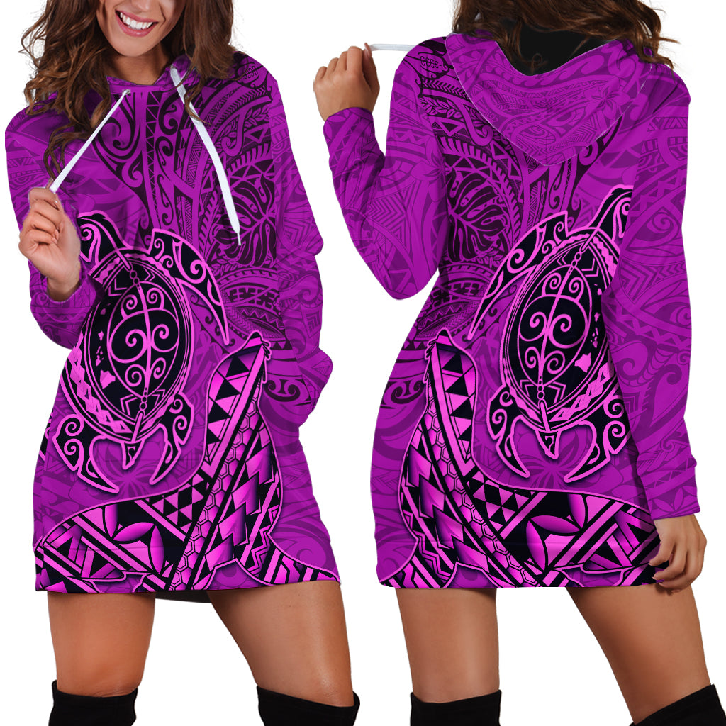 Hawaii Monk Seal and Dolphin Hoodie Dress Polynesian Kakau Pattern Pink LT03 - Polynesian Pride