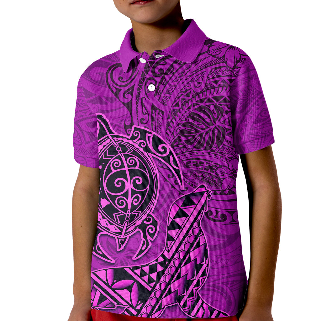 Hawaii Monk Seal and Dolphin Kid Polo Shirt Polynesian Kakau Pattern Pink