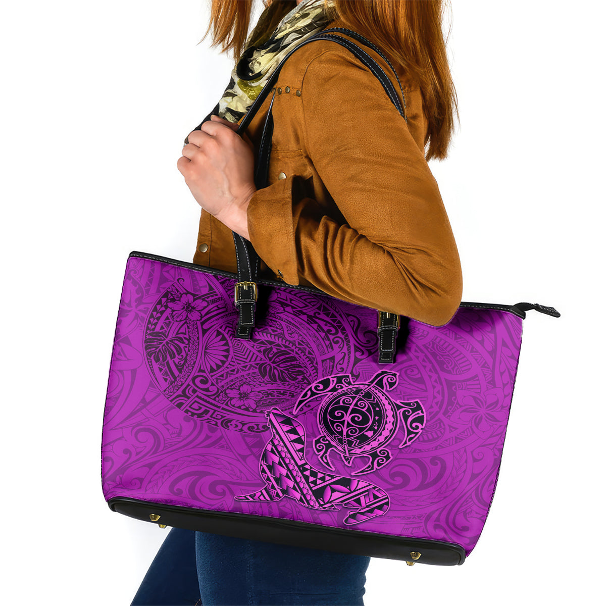 Hawaii Monk Seal and Dolphin Leather Tote Bag Polynesian Kakau Pattern Pink LT03 Pink - Polynesian Pride