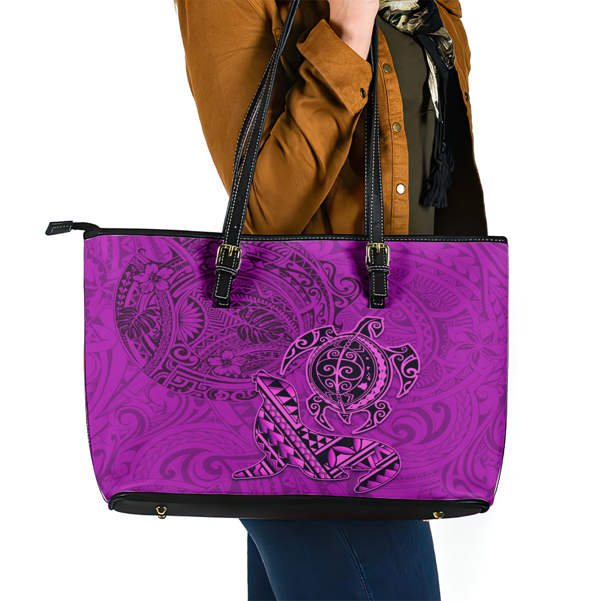 Hawaii Monk Seal and Dolphin Leather Tote Bag Polynesian Kakau Pattern Pink LT03 - Polynesian Pride