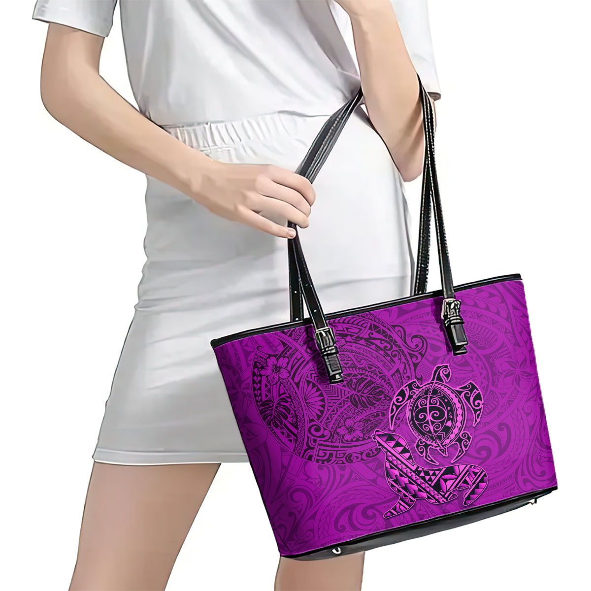 Hawaii Monk Seal and Dolphin Leather Tote Bag Polynesian Kakau Pattern Pink LT03 - Polynesian Pride