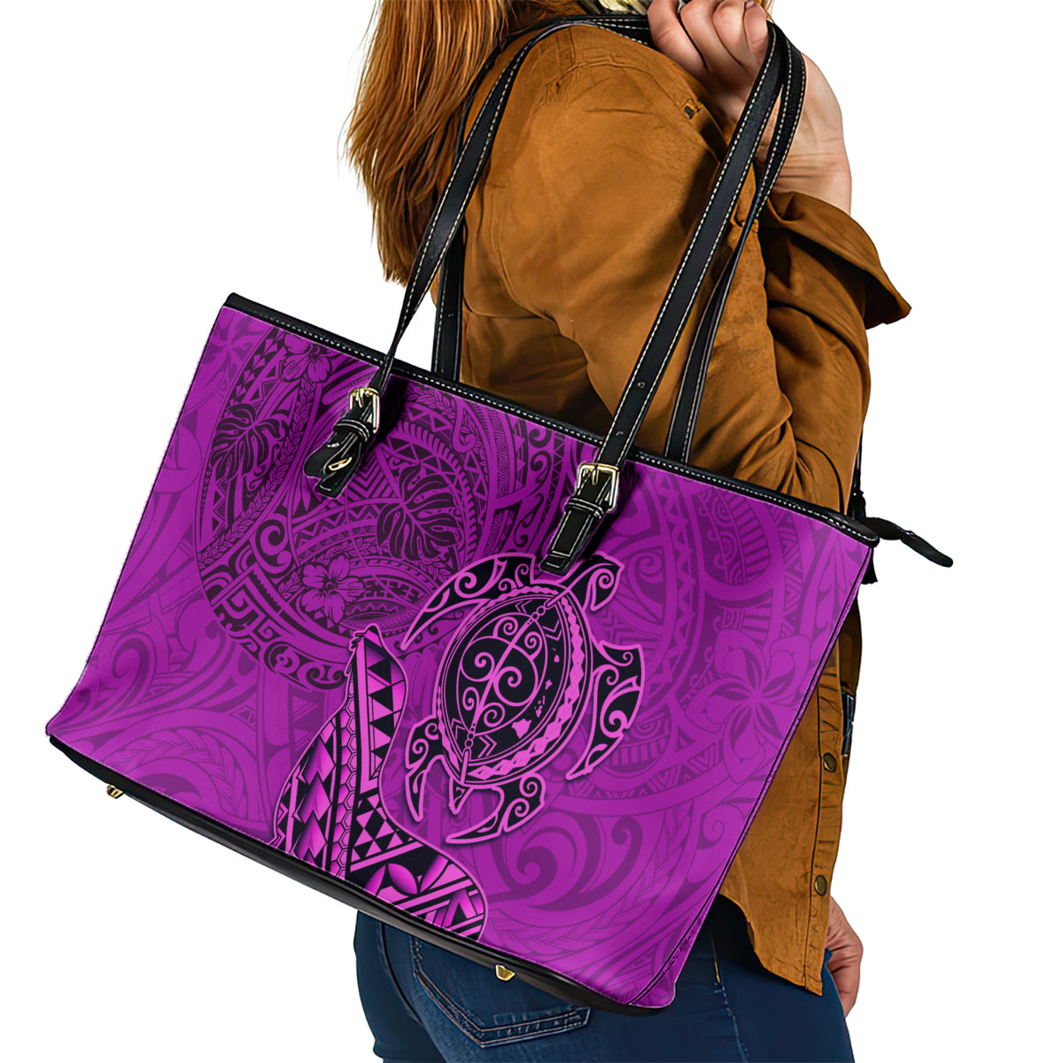 Hawaii Monk Seal and Dolphin Leather Tote Bag Polynesian Kakau Pattern Pink LT03 - Polynesian Pride
