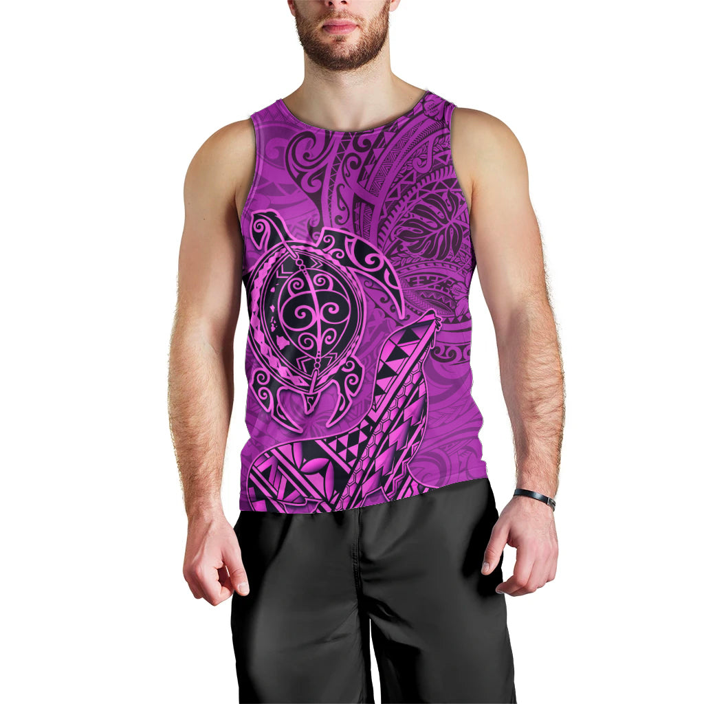 Hawaii Monk Seal and Dolphin Men Tank Top Polynesian Kakau Pattern Pink LT03 - Polynesian Pride