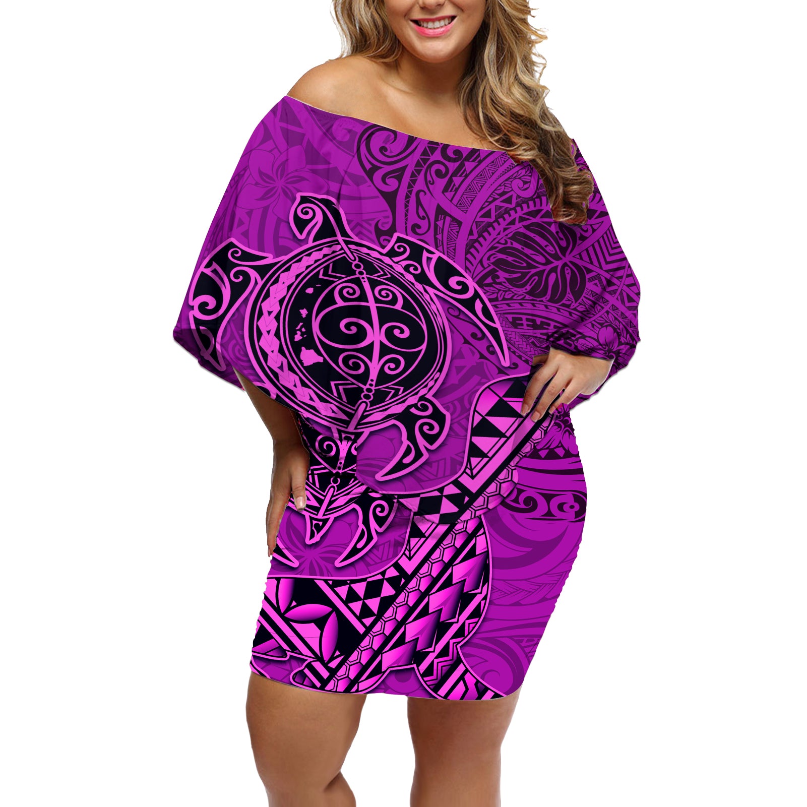 Hawaii Monk Seal and Dolphin Off Shoulder Short Dress Polynesian Kakau Pattern Pink