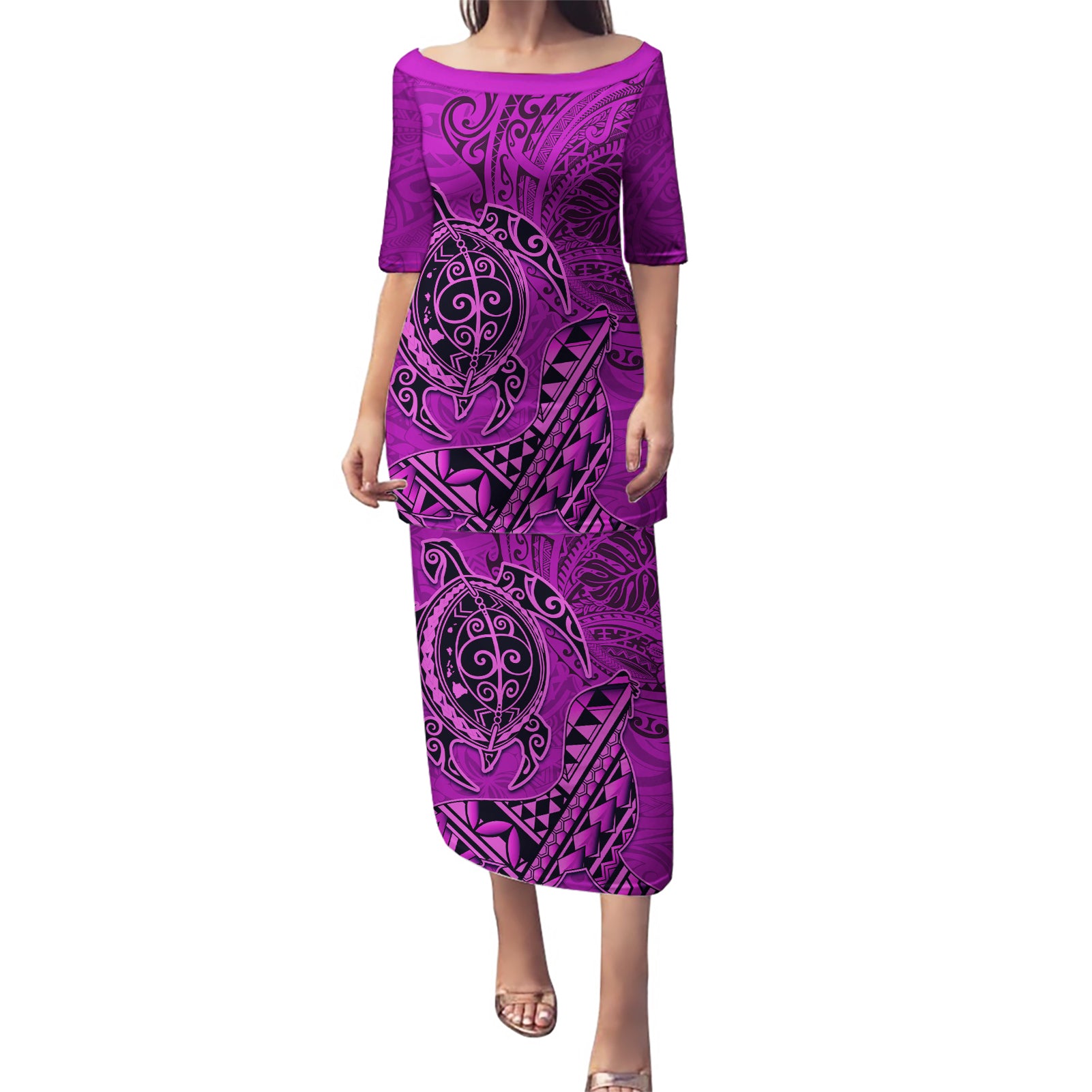 Hawaii Monk Seal and Dolphin Puletasi Polynesian Kakau Pattern Pink