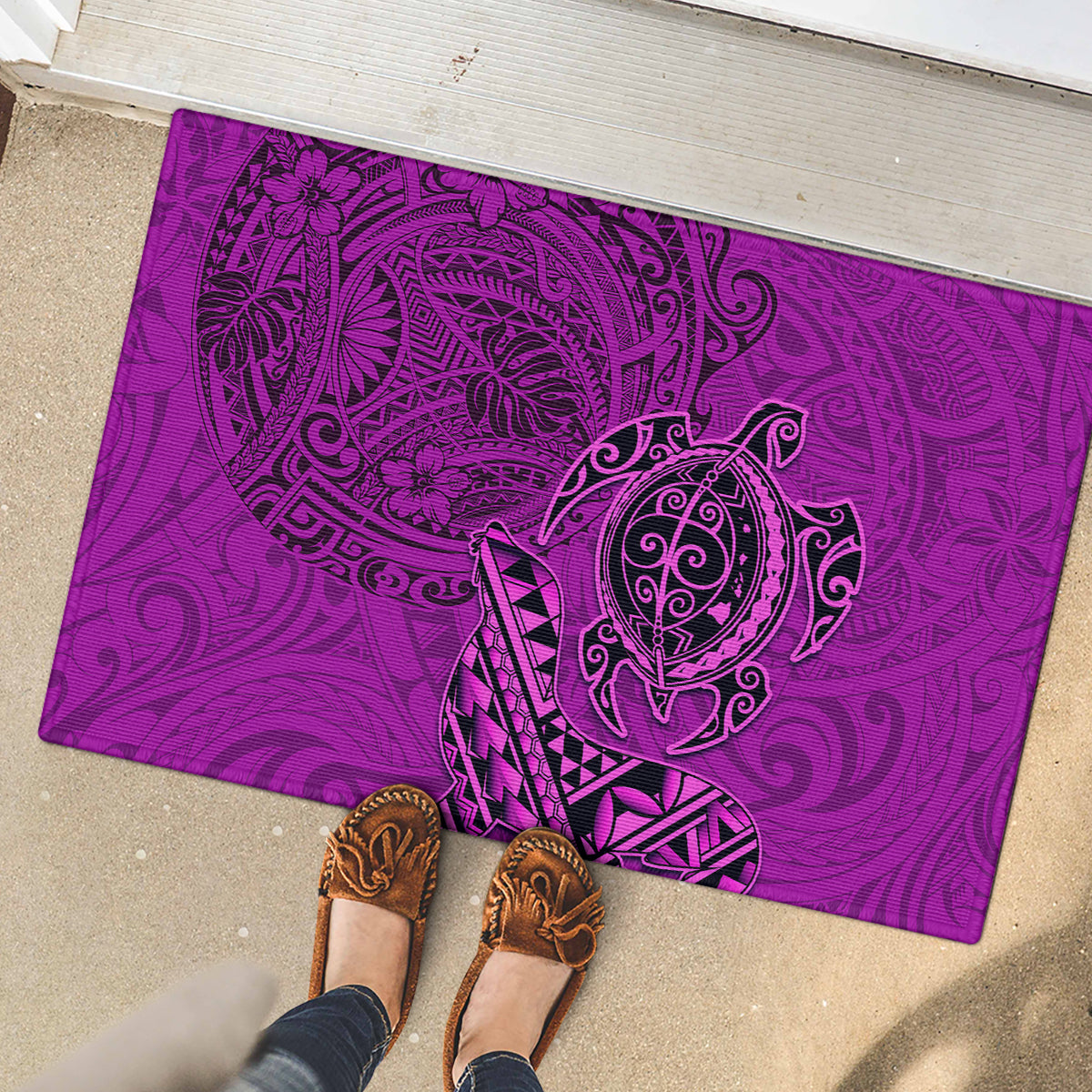 Hawaii Monk Seal and Dolphin Rubber Doormat Polynesian Kakau Pattern Pink LT03 - Polynesian Pride