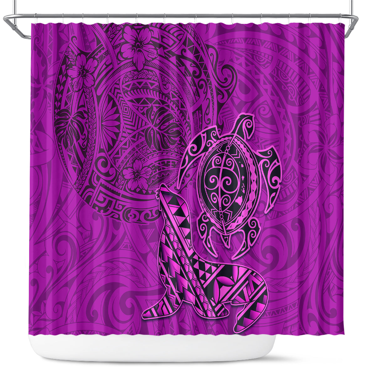 Hawaii Monk Seal and Dolphin Shower Curtain Polynesian Kakau Pattern Pink