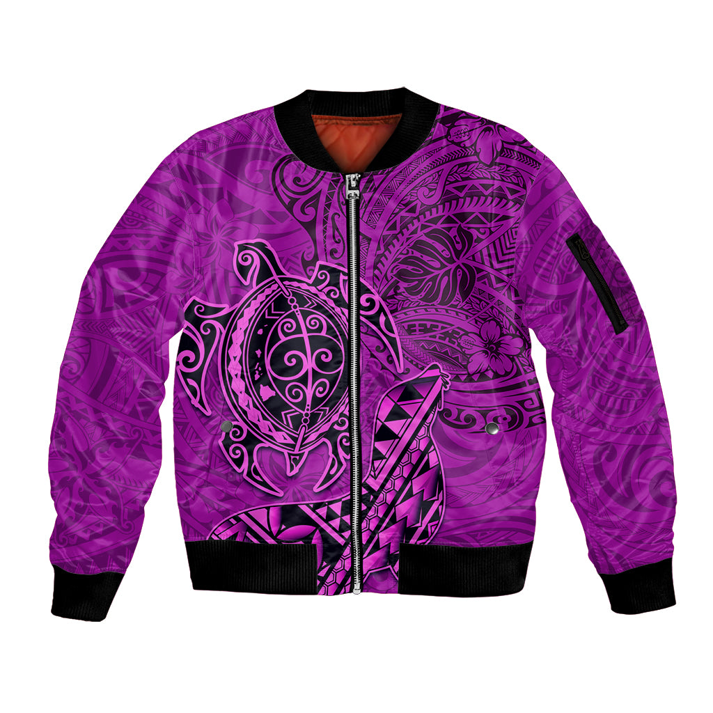 Hawaii Monk Seal and Dolphin Sleeve Zip Bomber Jacket Polynesian Kakau Pattern Pink LT03 Unisex Pink - Polynesian Pride