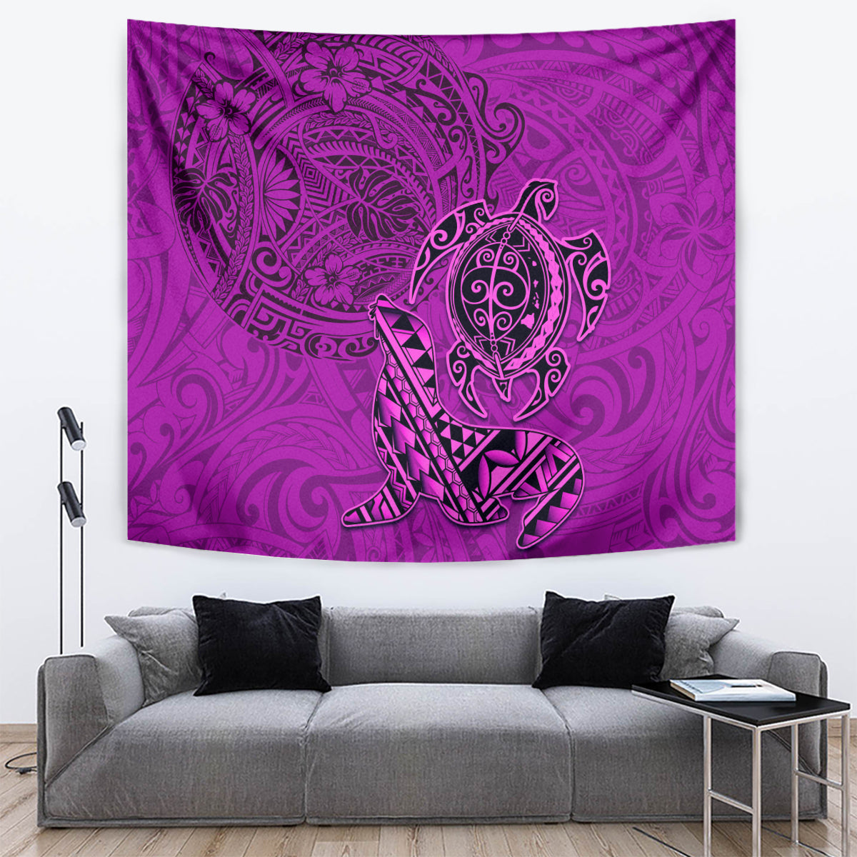 Hawaii Monk Seal and Dolphin Tapestry Polynesian Kakau Pattern Pink