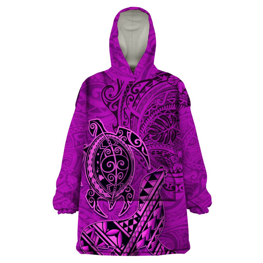 Hawaii Monk Seal and Dolphin Wearable Blanket Hoodie Polynesian Kakau Pattern Pink