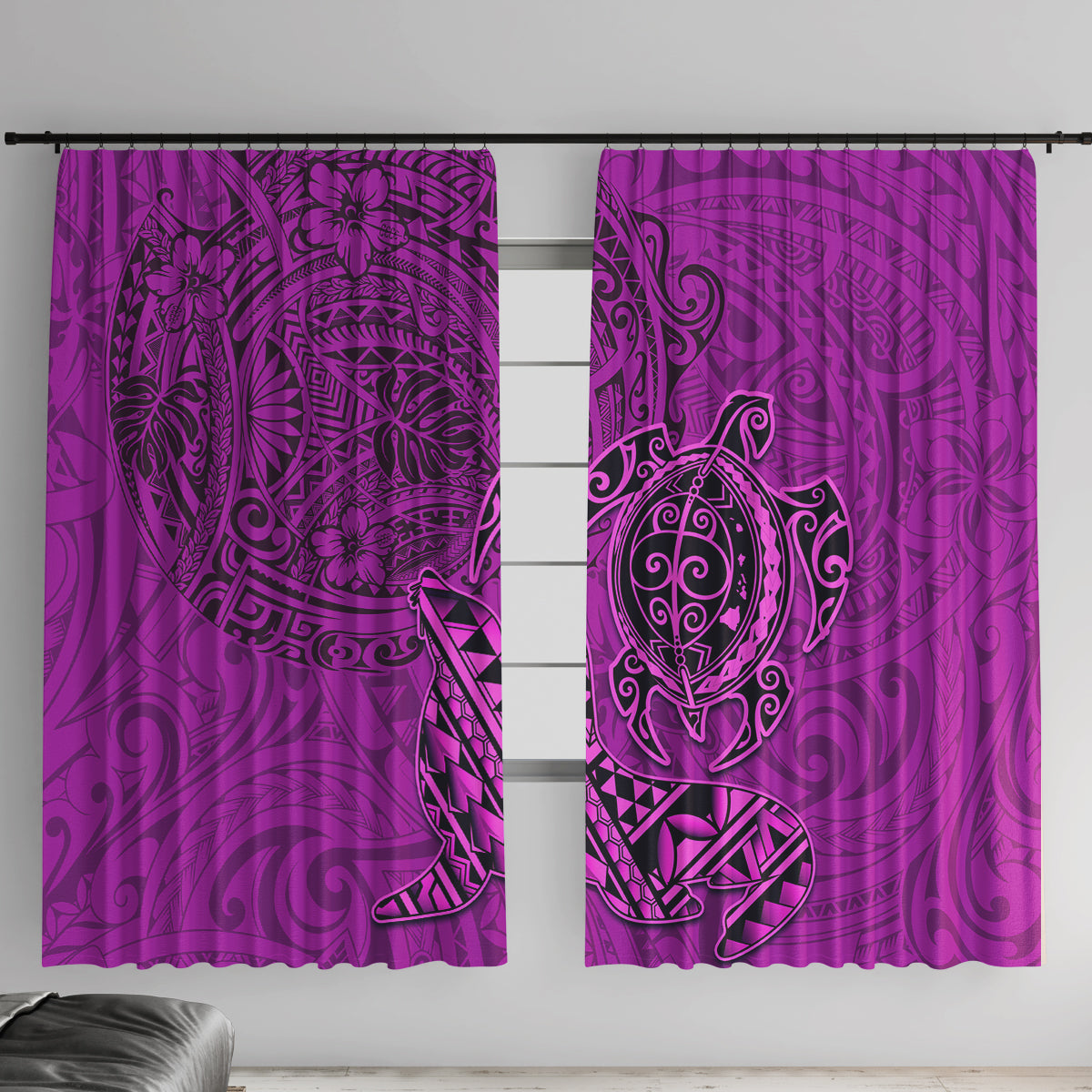 Hawaii Monk Seal and Dolphin Window Curtain Polynesian Kakau Pattern Pink LT03 With Hooks Pink - Polynesian Pride