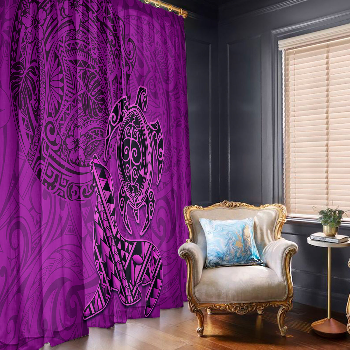 Hawaii Monk Seal and Dolphin Window Curtain Polynesian Kakau Pattern Pink LT03 - Polynesian Pride